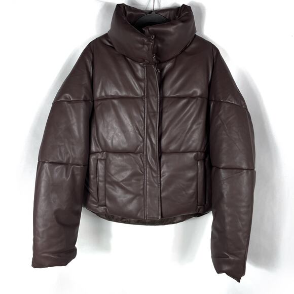 Apparis Jemma Puffer Jacket Cocoa Faux Leather Full Zip Funnel Neck Sz XL - Picture 8 of 16